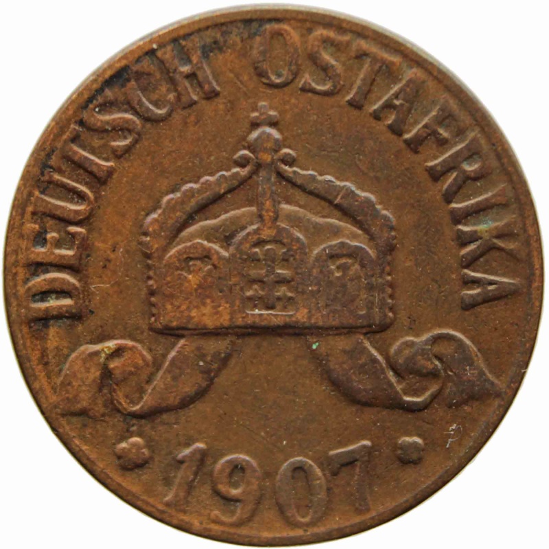 1907 J German East Africa one Heller Wilhelm II Bronze coin