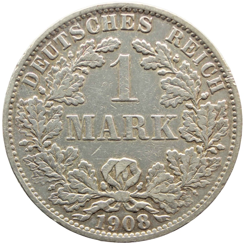 1908 A One Mark Germany Wilhelm I Coin Silver (type 2 - small shield)