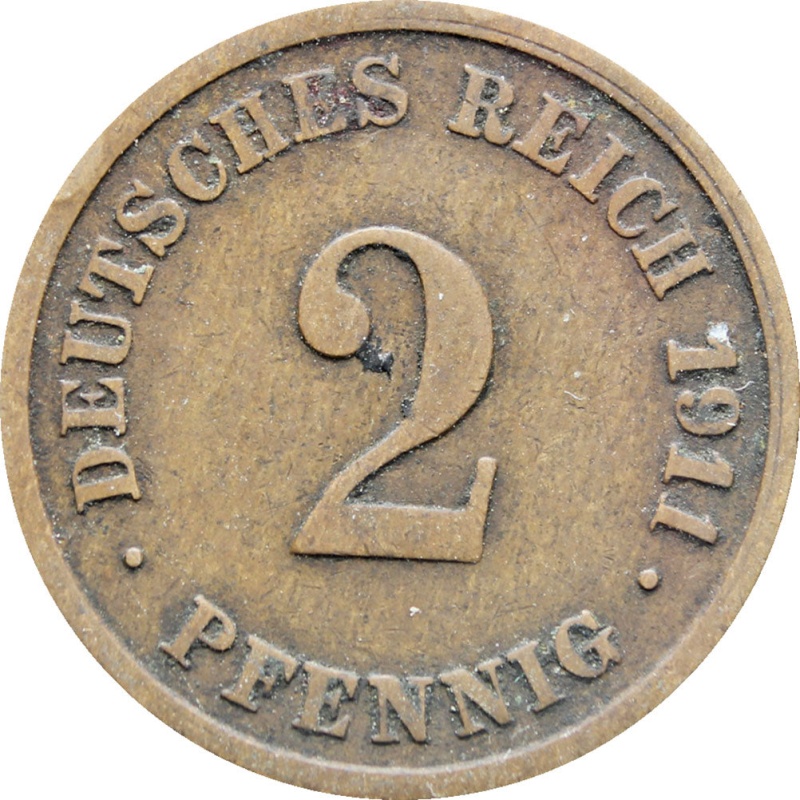 1911 G Germany Empire 2 Pfennig Wilhelm II Copper Coin Type 2 Small Shield