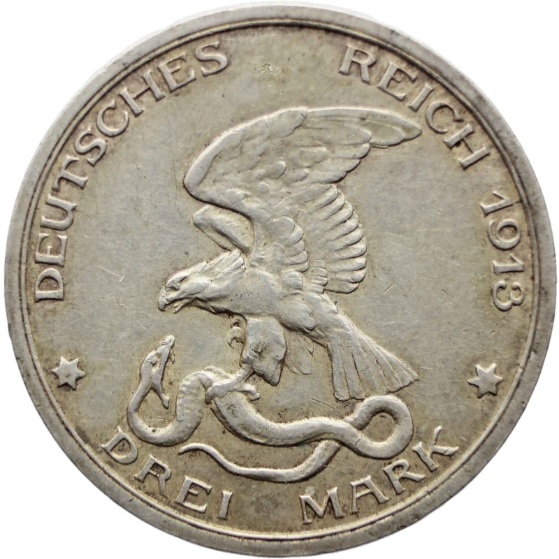 1913 3 Mark Kingdom of Prussia Germany States Coin Silver Wilhelm II Declaration of war of Prussia against Napoleon