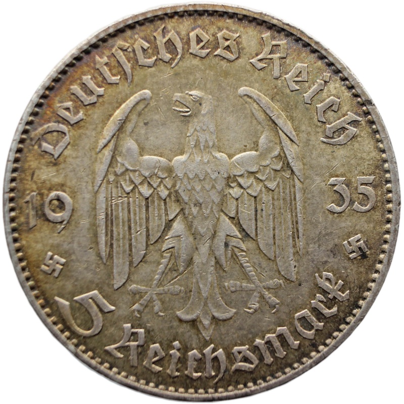 1935-J Germany 5 Mark Silver Coin Potsdam Church Hamburg Mint