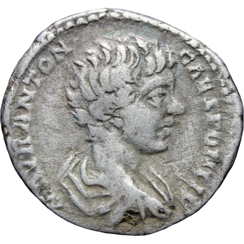 195-197 AD. Roman Empire Caracalla Silver Denarius Coin