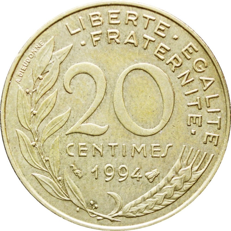 1994 20 Centimes France Coin Marianne Bee Mark