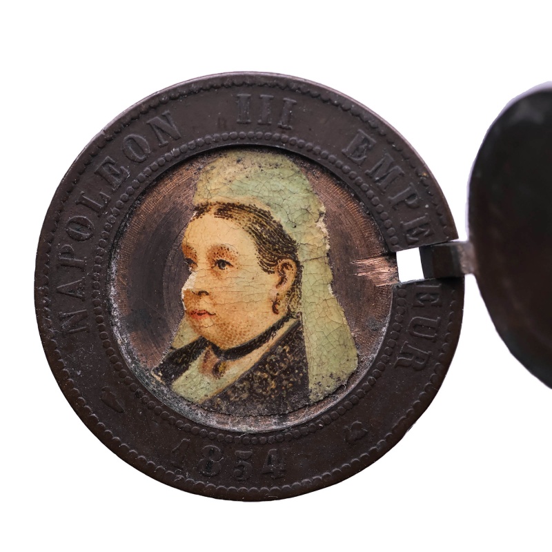 1854 Folk Art Coin Locket Napoleon III Enamelled Painted Portrait