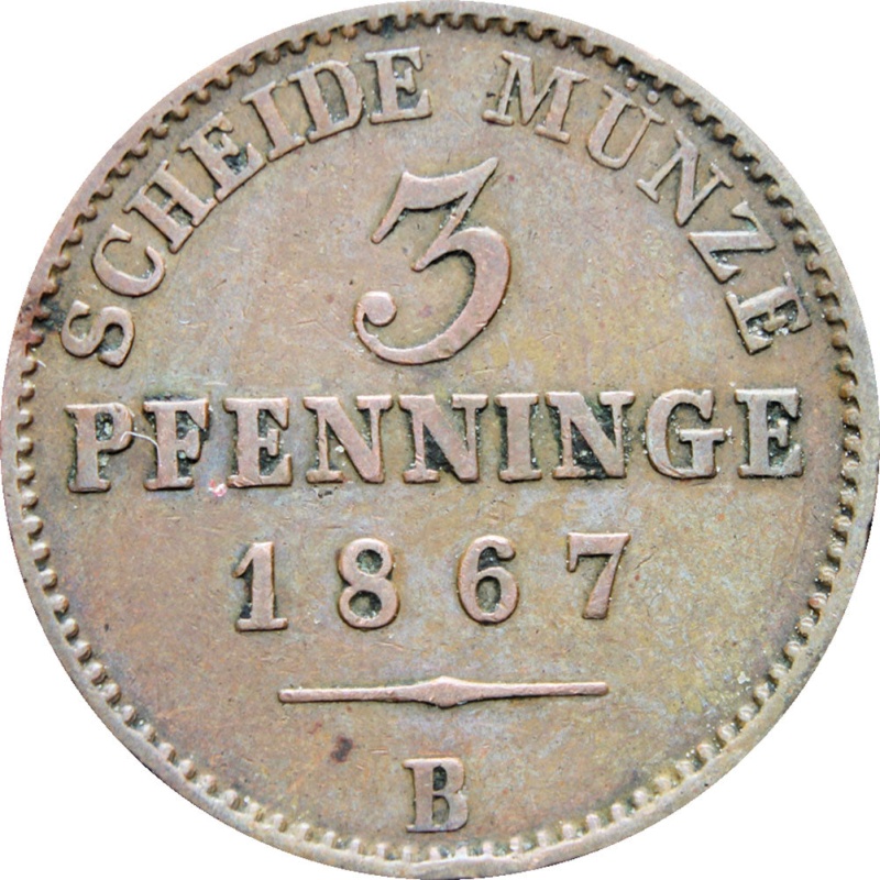 German states Prussia 1867 3 Pfenninge Wilhelm I Coin