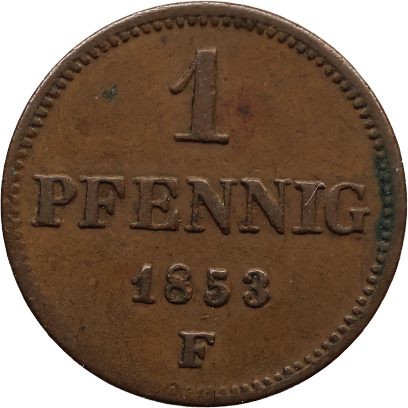 1853 F 1 Pfennig Kingdom of Saxony Coin Frederick Augustus II