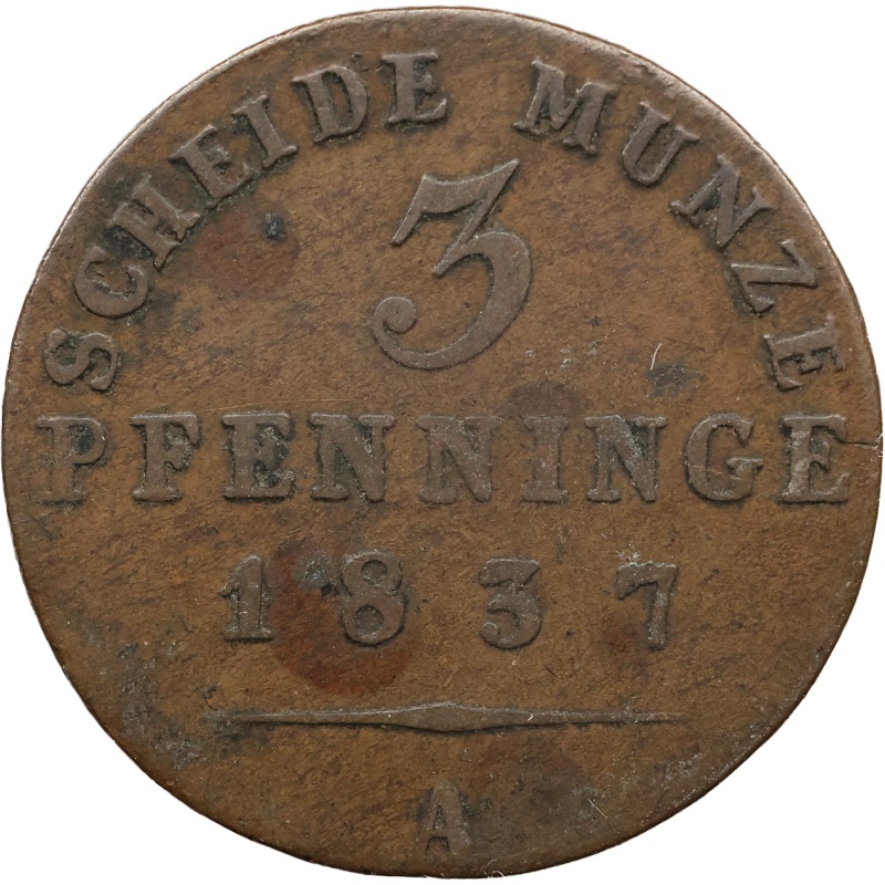 1837 A 3 Pfennigs Kingdom of Prussia Coin Frederick William III Berlin
