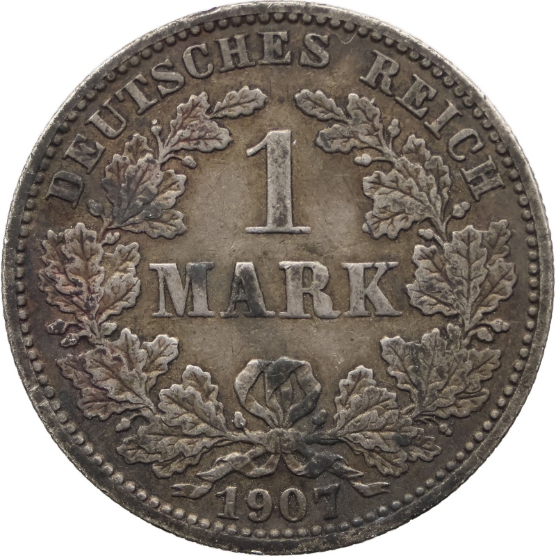 1907 J 1 Mark Germany Wilhelm I Coin Silver Hamburg Mint