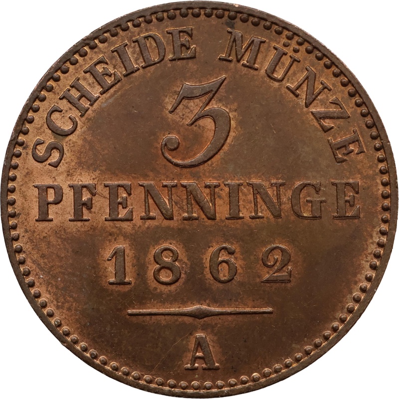 1862 A 3 Pfennigs Kingdom of Prussia Coin Wilhelm I