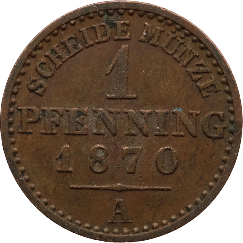 1870 A 1 Pfenning Kingdom of Prussia Coin William I