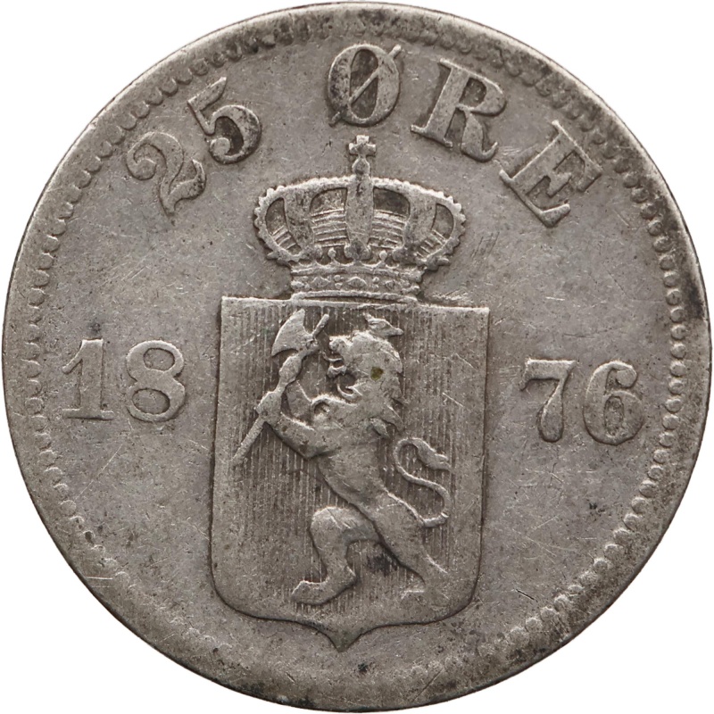 1876 25 Öre Norway Coin Silver Oscar II