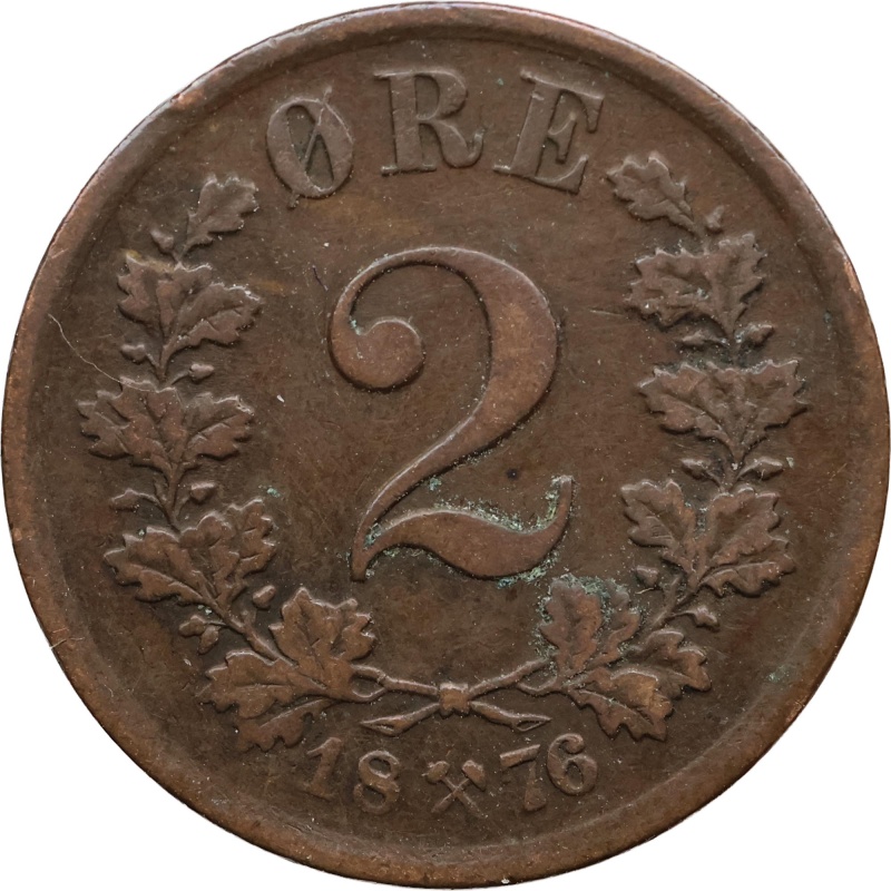 1876 2 Øre Norway Coin Oscar II