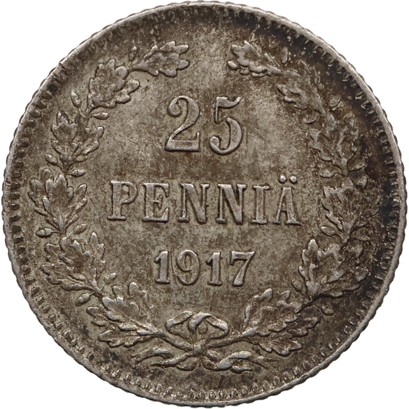1917 25 Penniä Finland Nicholas II of Russia Coin Civil War Coinage without crown