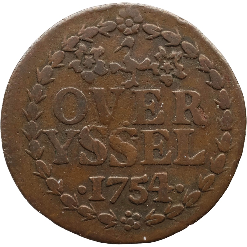 1754 One Duit Coin Dutch Republic Overijssel Netherlands