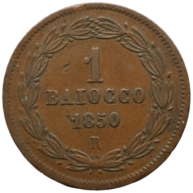 1850 R 1 Baiocco Pope Pius IX Papal Coin Closed wreath Rome Mint