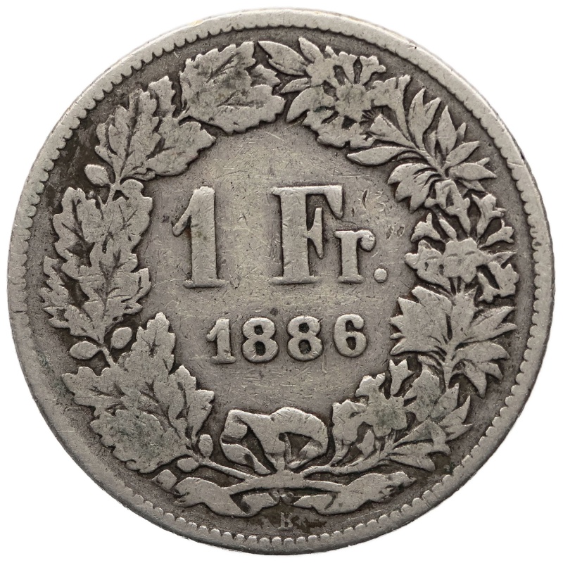 1886 One Franc Switzerland Coin Silver Helvetia