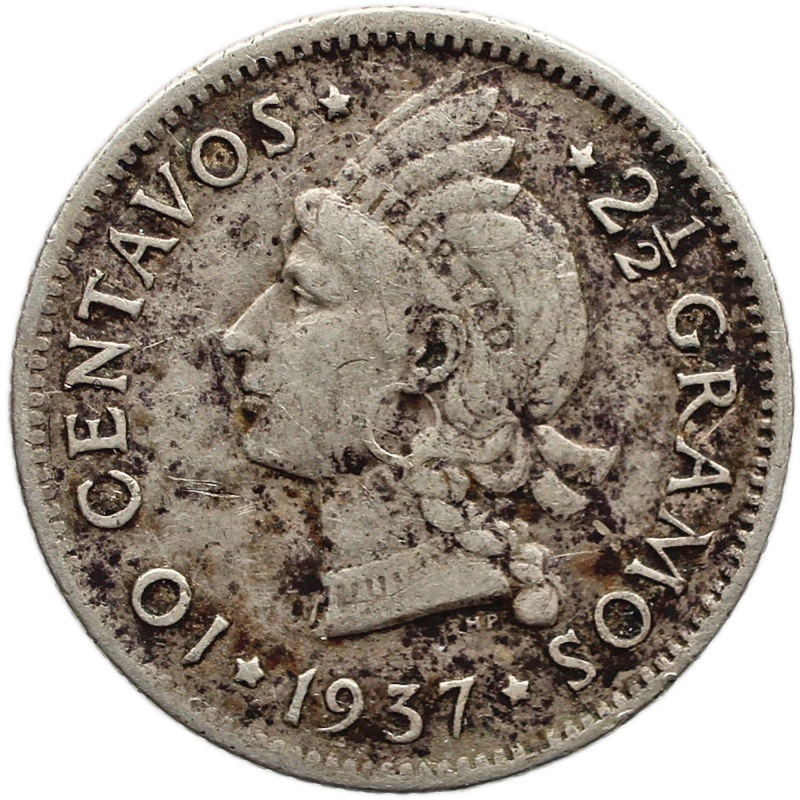 1937 Dominican Republic 10 Centavos Silver Coin Royal Canadian Mint