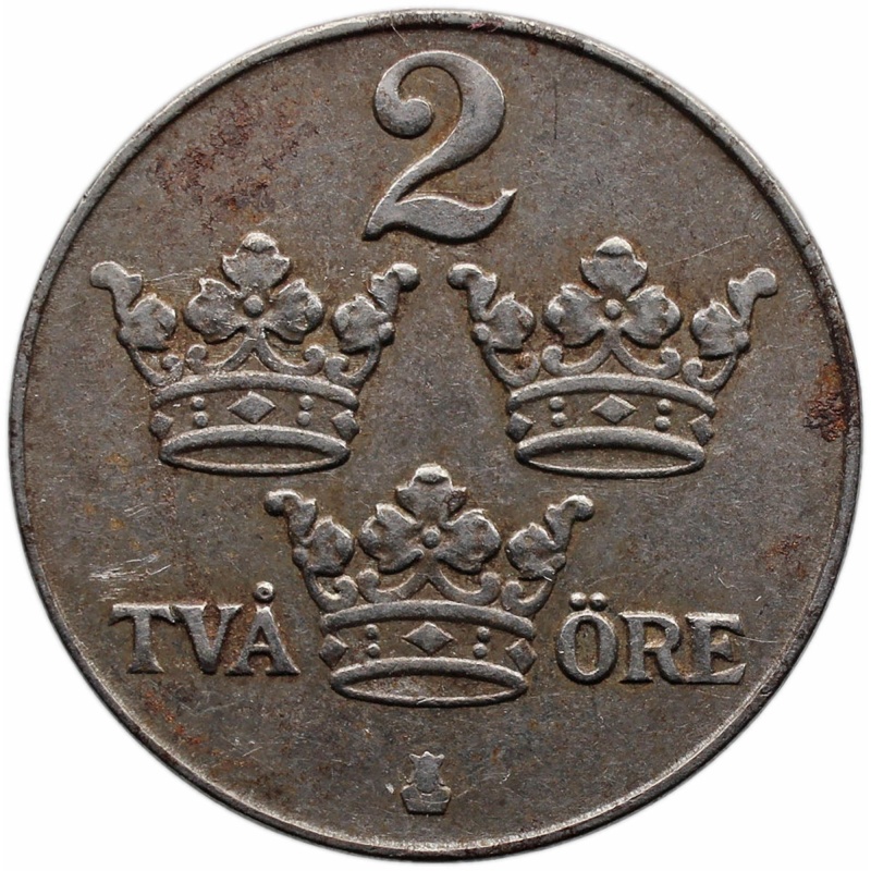 1942 2 Öre Sweden Coin Gustaf V Iron