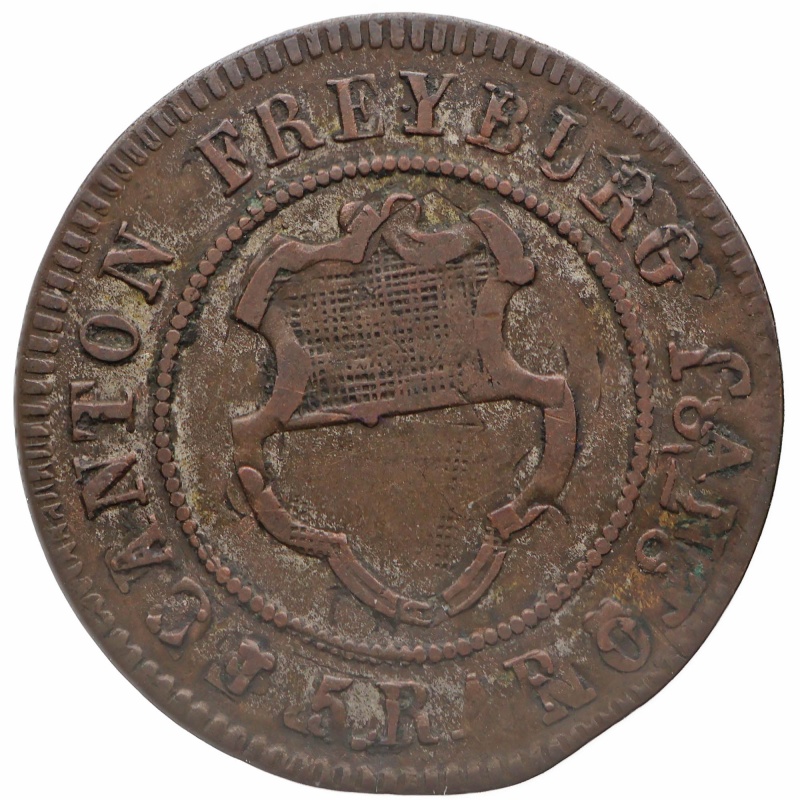 Over strike 1828 5 Rappen Swiss Canton of Fribourg Coin