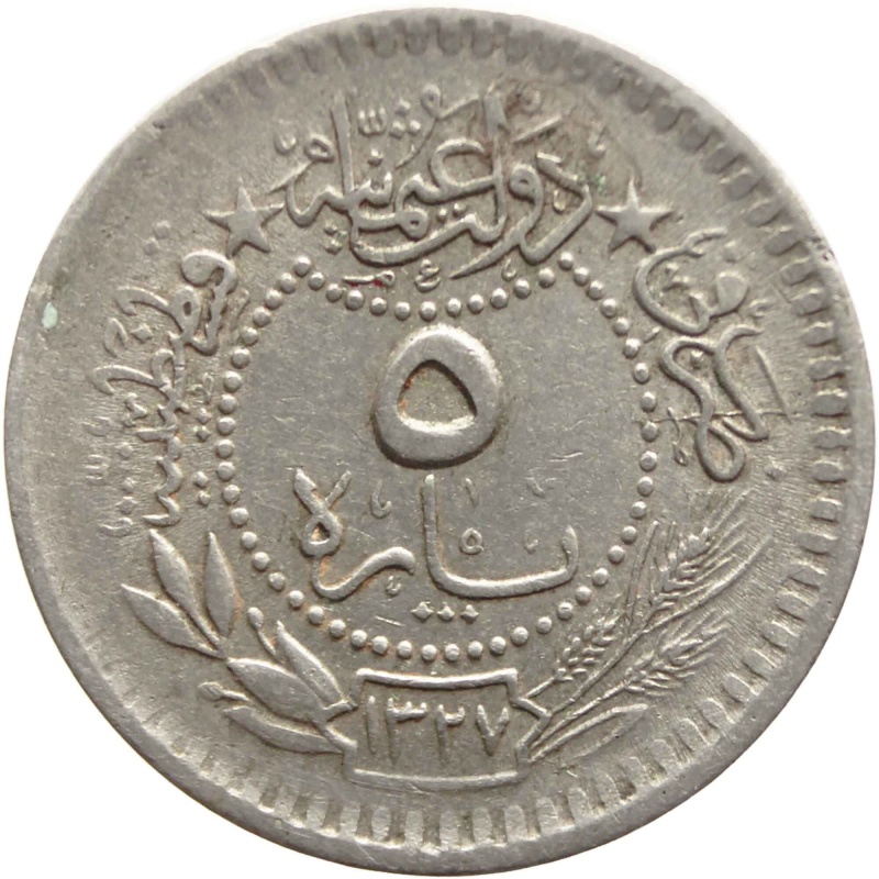 1327 (1914) Ottoman Empire 5 Para Mehmed V Coin Reshat right of Toughra