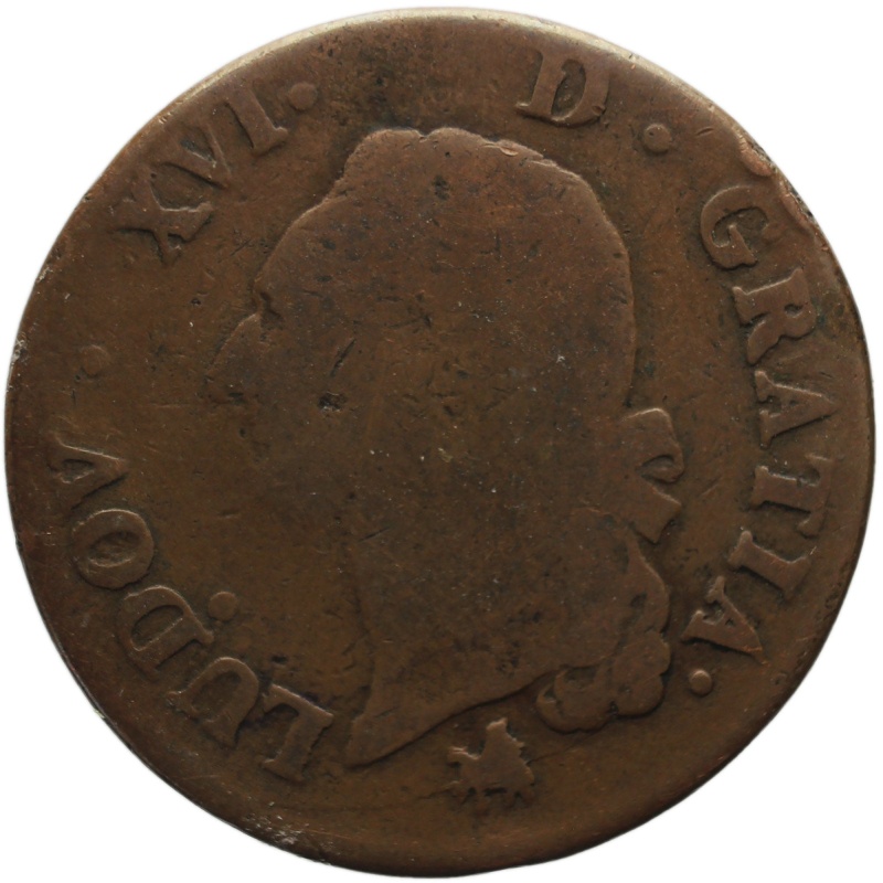 1791 B 1 Sol Louis XVI France Coin Rouen Mint