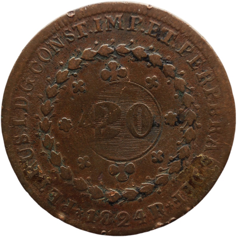 1824 20 Reis Brazil Coin Pedro I Countermarked 40 Reis