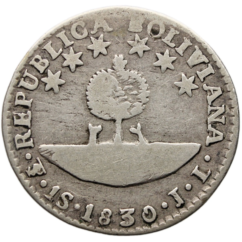 1830 PTS JL 1 Sol Bolivia Silver Coin Simon Bolivar