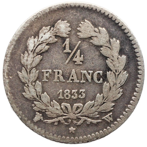 1833 W 1/4 Franc France Coin Louis-Philippe I Silver Lille Mint