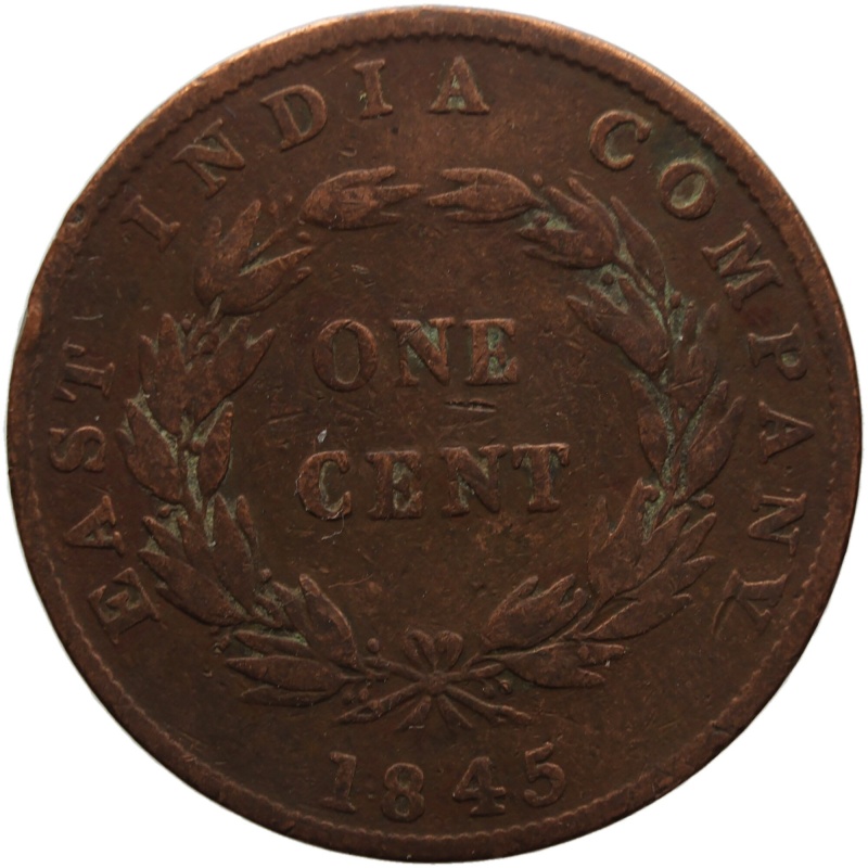 1845 One Cent Straits Settlements Victoria East India Company Coin