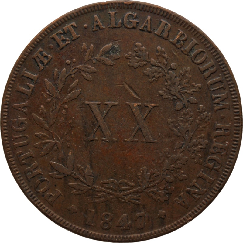 1847 20 Reis Portugal Coin Maria II