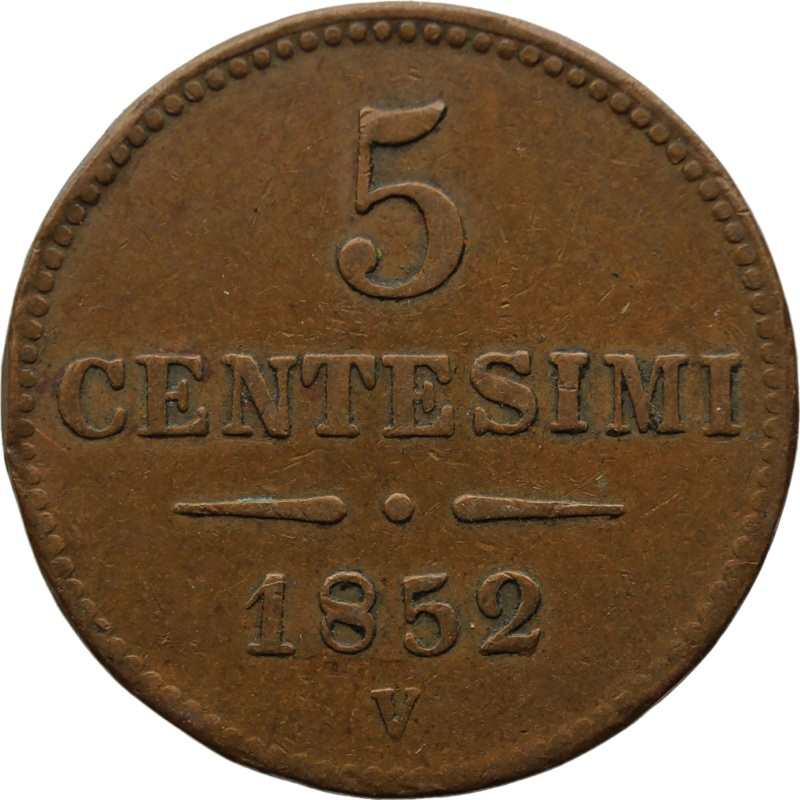 1852 V 5 Centesimi Lombardy Venetia Italy Coin Franz Joseph I Venice Mint