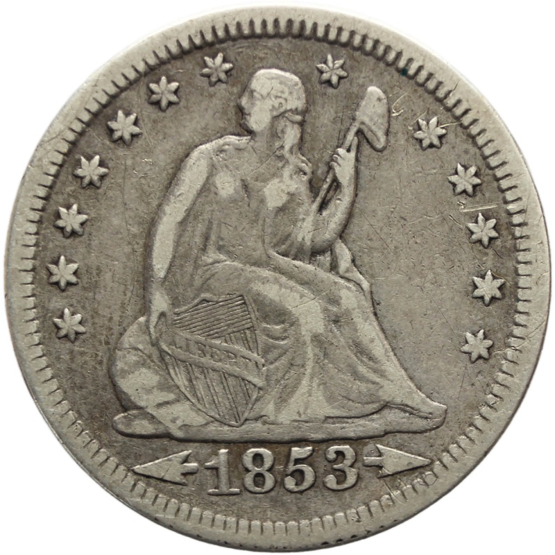 1853 Quarter Dollar United States Silver Coin Seated Liberty with rays Philadelphia