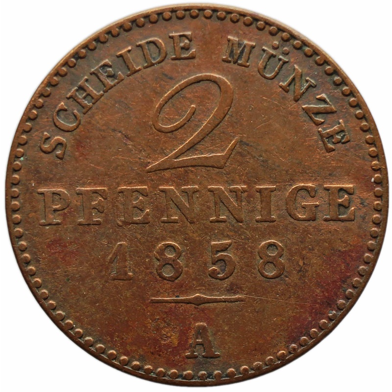 1858 A 2 Pfennige Grand duchy of Saxe-Weimar-Eisenach German Coin Carl Alexander
