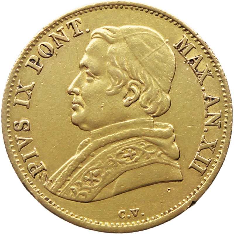 1858 R 1 Scudo d'Oro Pius IX Coin Gold Papal Italy States