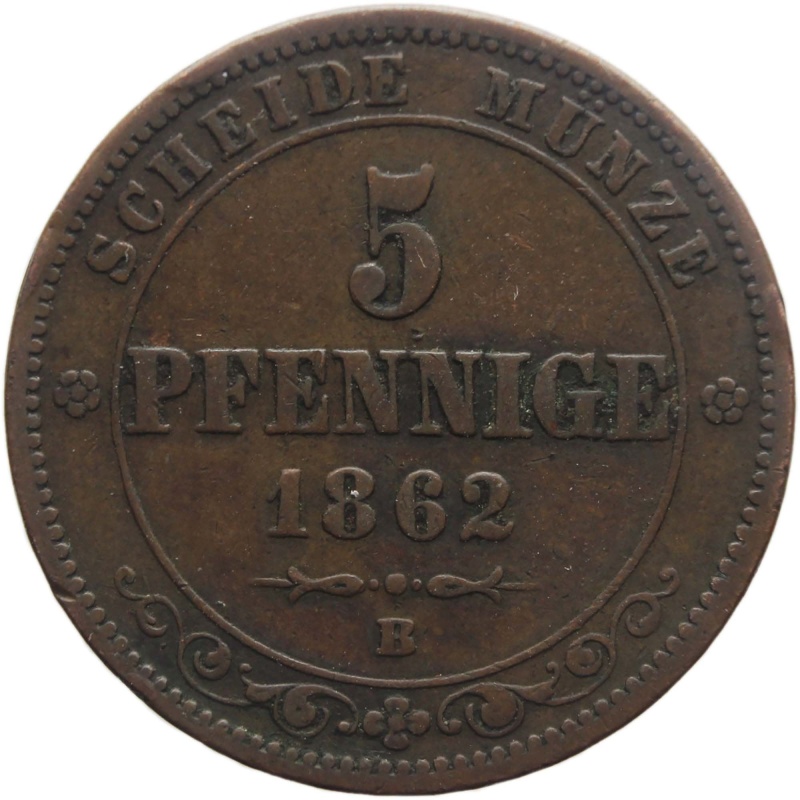 1862 B 5 Pfennige Coin Kingdom of Saxony Johann I Germany States