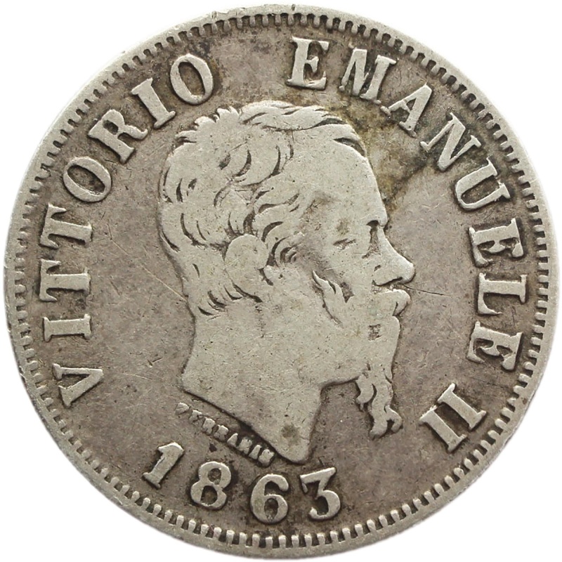 1863 50 Centesimi Italy Vittorio Emanuele II Silver Coin Naples Mint