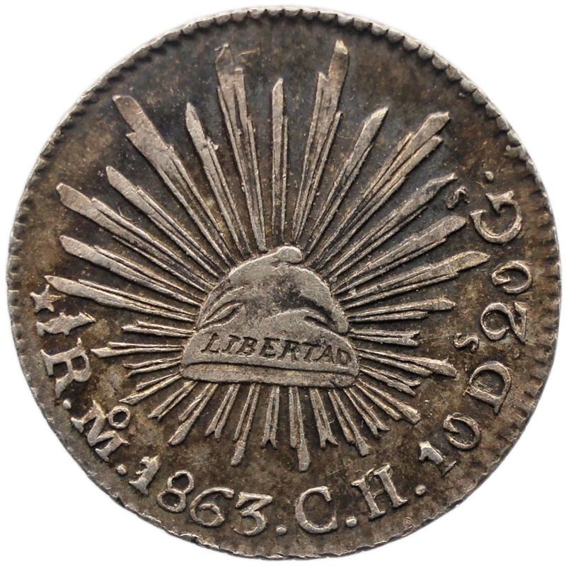 1863 Mo CH 1/2 Real Mexico Coin Silver Mint Mexico City