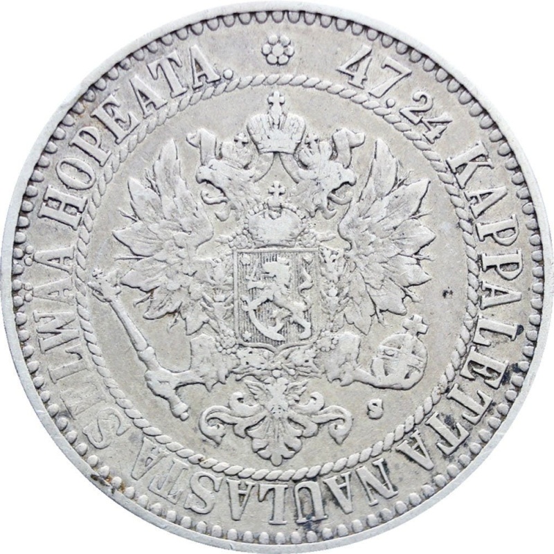 1865 2 Markkaa Finland Alexander II Coin Silver