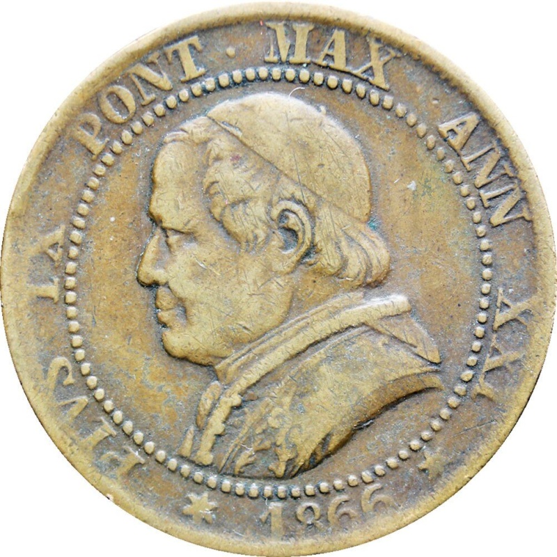 1866 Italy Papal States Pius IX One Soldo, 5 cent Coin