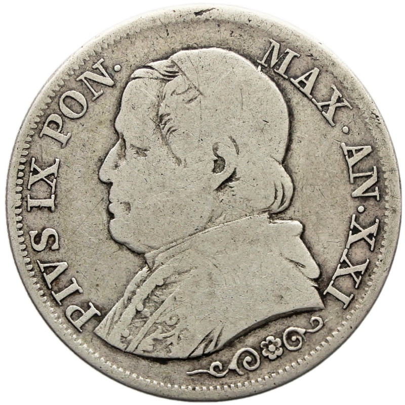 1866 Italy States Papal One Lira Pius IX Silver Coin