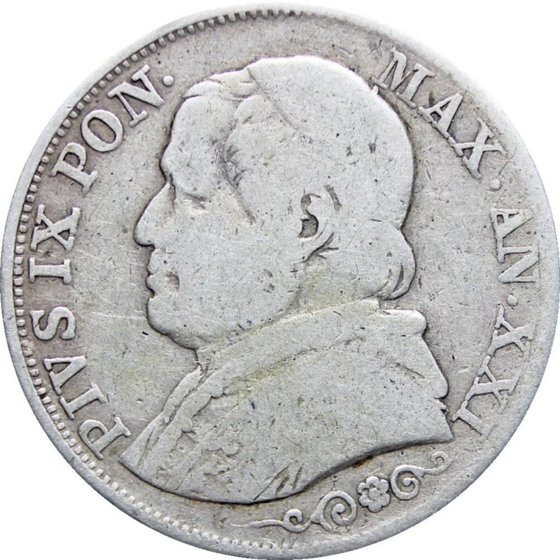 1866 Italy States Papal One Lira Pius IX Silver Coin