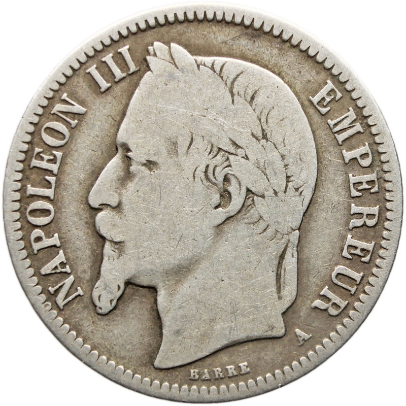 1866 One Franc France Coin Napoleon III Silver Paris Mint