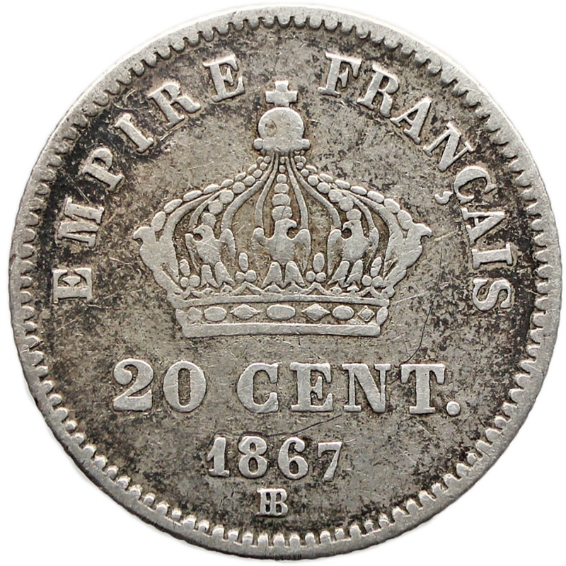 1867 BB 20 Centimes France Napoleon III Coin Silver