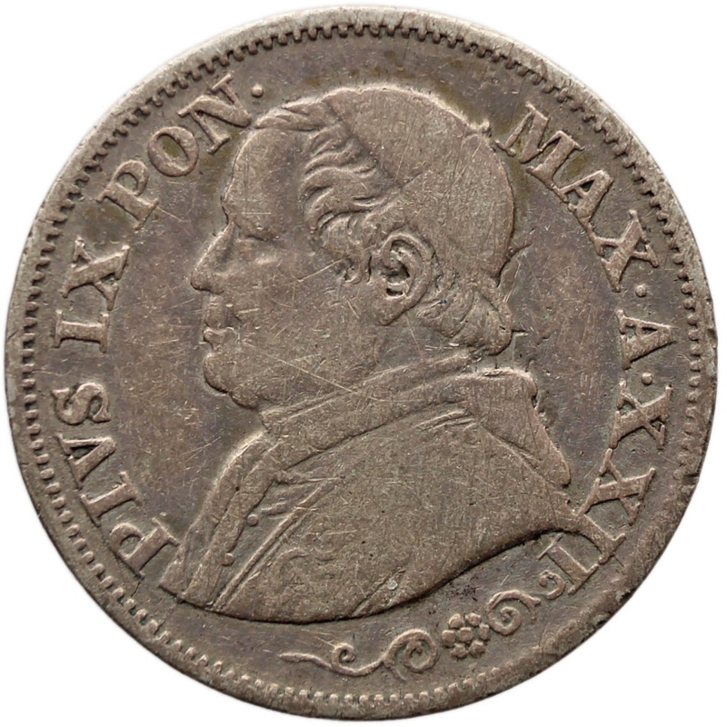 1868 10 Soldi Pius IX Italy States Papal Silver Coin XXII