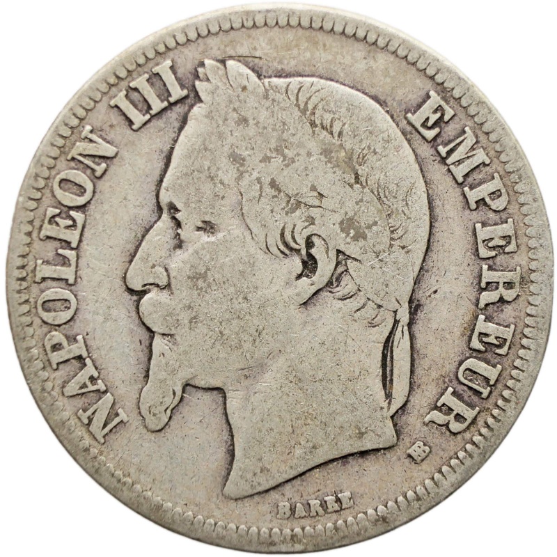 1868 2 Francs France Coin Napoleon III Silver Strasbourg Mint