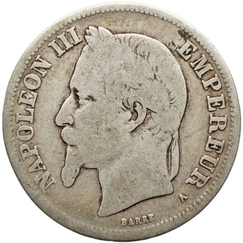 1869 2 Francs France Coin Napoleon III Silver Paris Mint