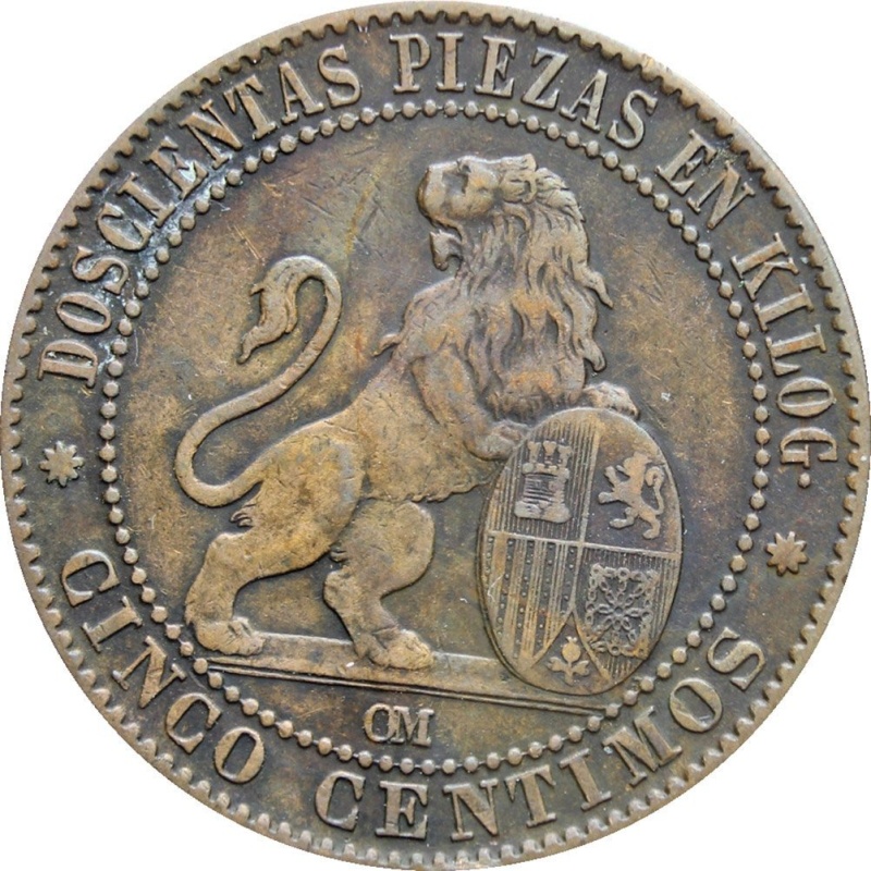 1870 OM Cinco Centimos Spain Provisional Government Coin 5 Cent