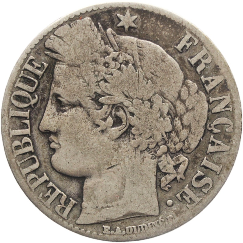 1871 One Franc France Silver Coin