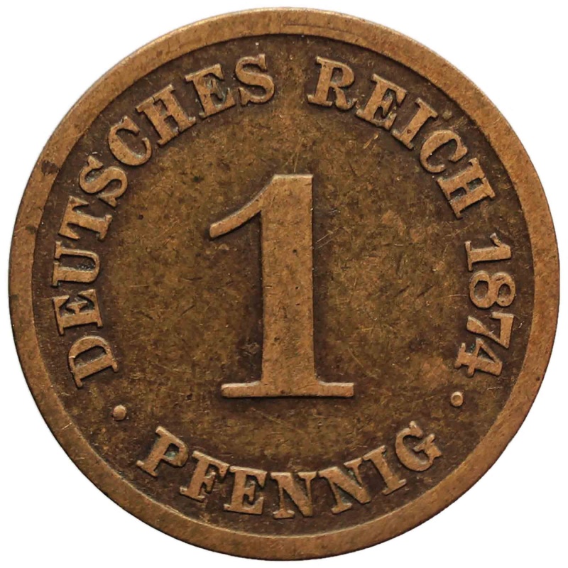 1874 D One Pfennig Germany Wilhelm I Coin Type 1, Large Shield Munich Mint