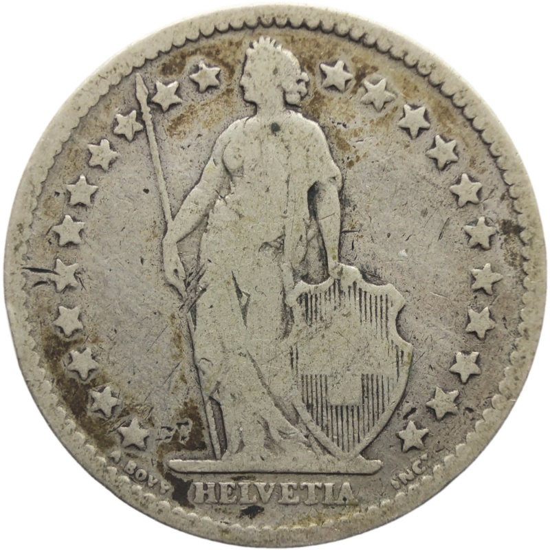 1874 Two Franc Switzerland Coin Helvetia standing